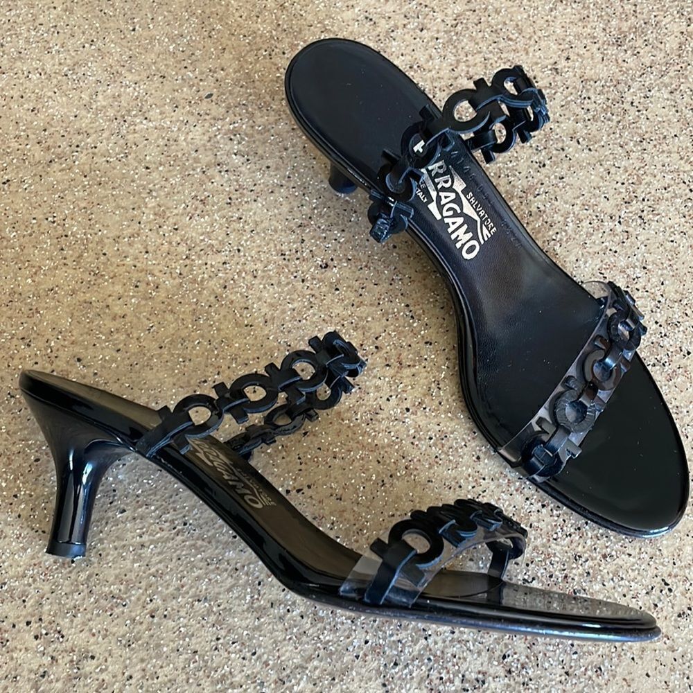Salvatore Ferragamo Black Patent Leather Kitten Heel Mules